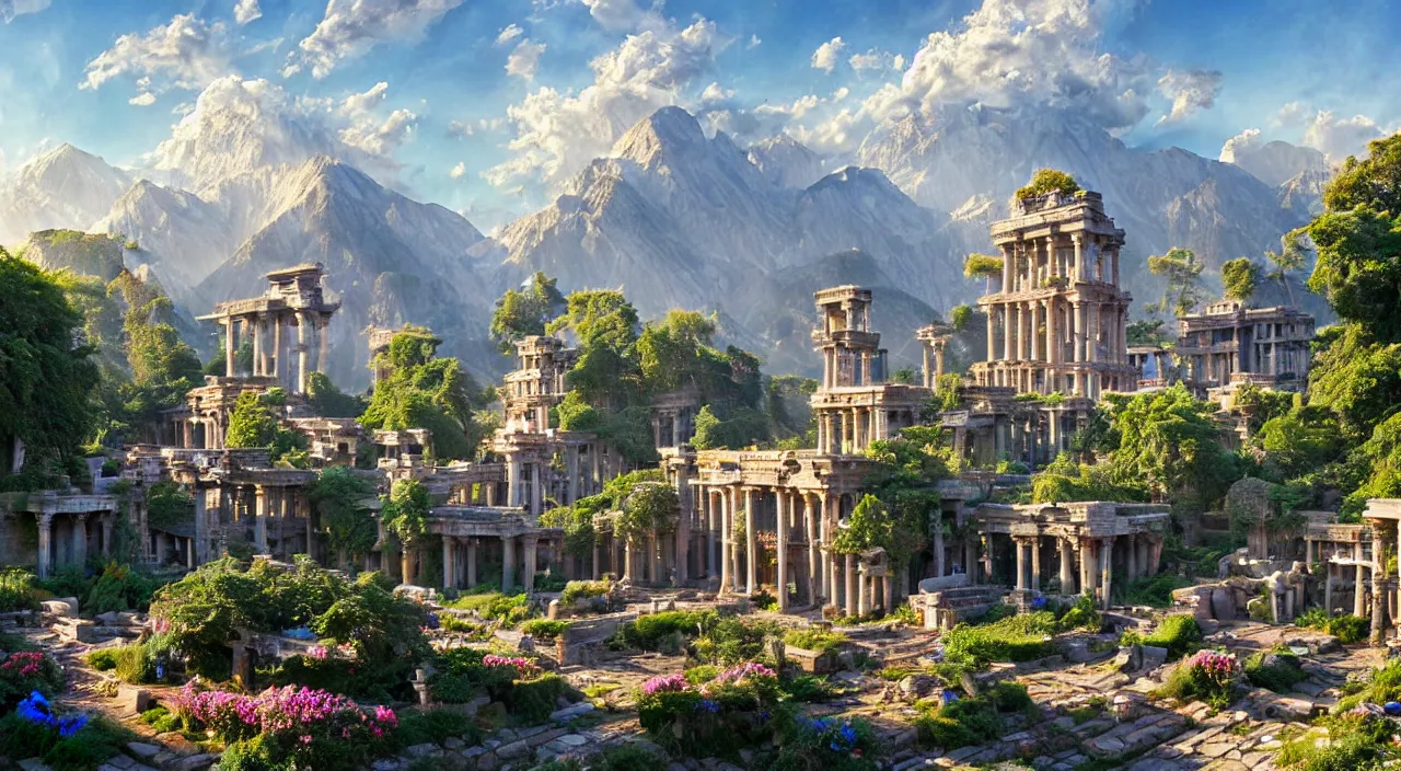 Prompt: retrofutristic city under kashmir mountains, hill valley grec greeble temple of olympus glory island little wood bridge painting of tower ivy plant in marble late afternoon light, wispy clouds in a blue sky, by frank lloyd wright and greg rutkowski and ruan jia