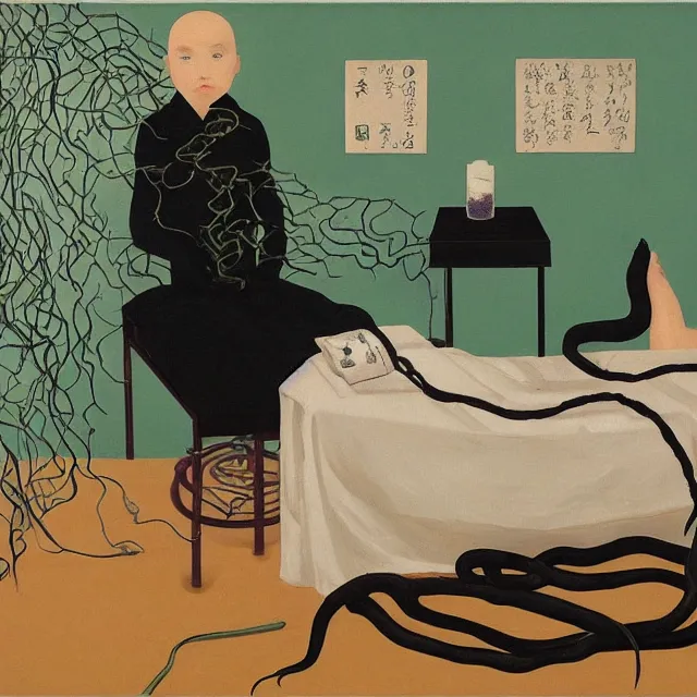 Prompt: a female emo pathology student in her apartment, wrapped in vines, medical equipment, candles, octopus, japanese tea ceremony, pig, black walls, ikebana, black armchair, sculpture, acrylic on canvas, surrealist, by magritte and monet