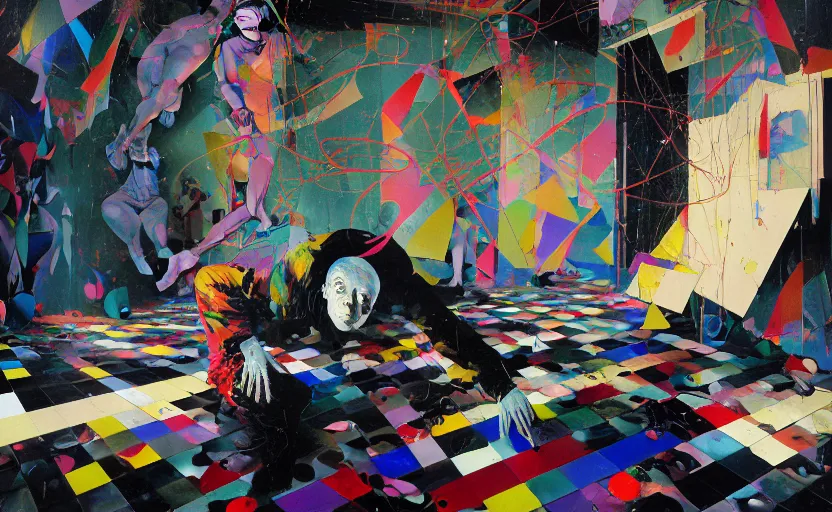 Image similar to decollage painting struggling man in a ruined room with a black glittering ball instead of head by adrian ghenie and takato yamamoto and edward hopper and mark ryden and tsutomu nihei, part by bridget riley, acrylic pour and splashing paint, very coherent, baroque elements, perfect anatomy, intricate design. pop art.