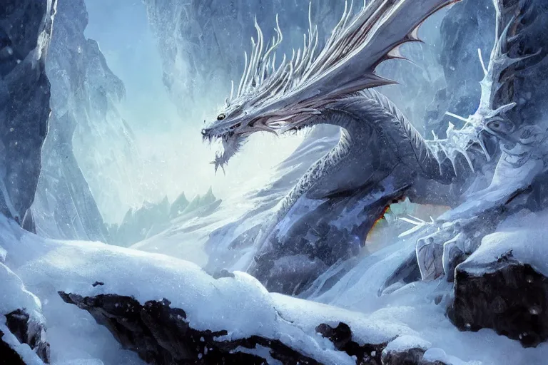 Image similar to Ice Dragon on a beautiful fantasy landscape, mountainside, winter, moonlit, HD, illustration, epic, D&D, fantasy, intricate, elegant, highly detailed, digital painting, artstation, concept art, smooth, sharp focus, illustration, wallpaper, art by artgerm and greg rutkowski and alphonse mucha and jin xiaodi