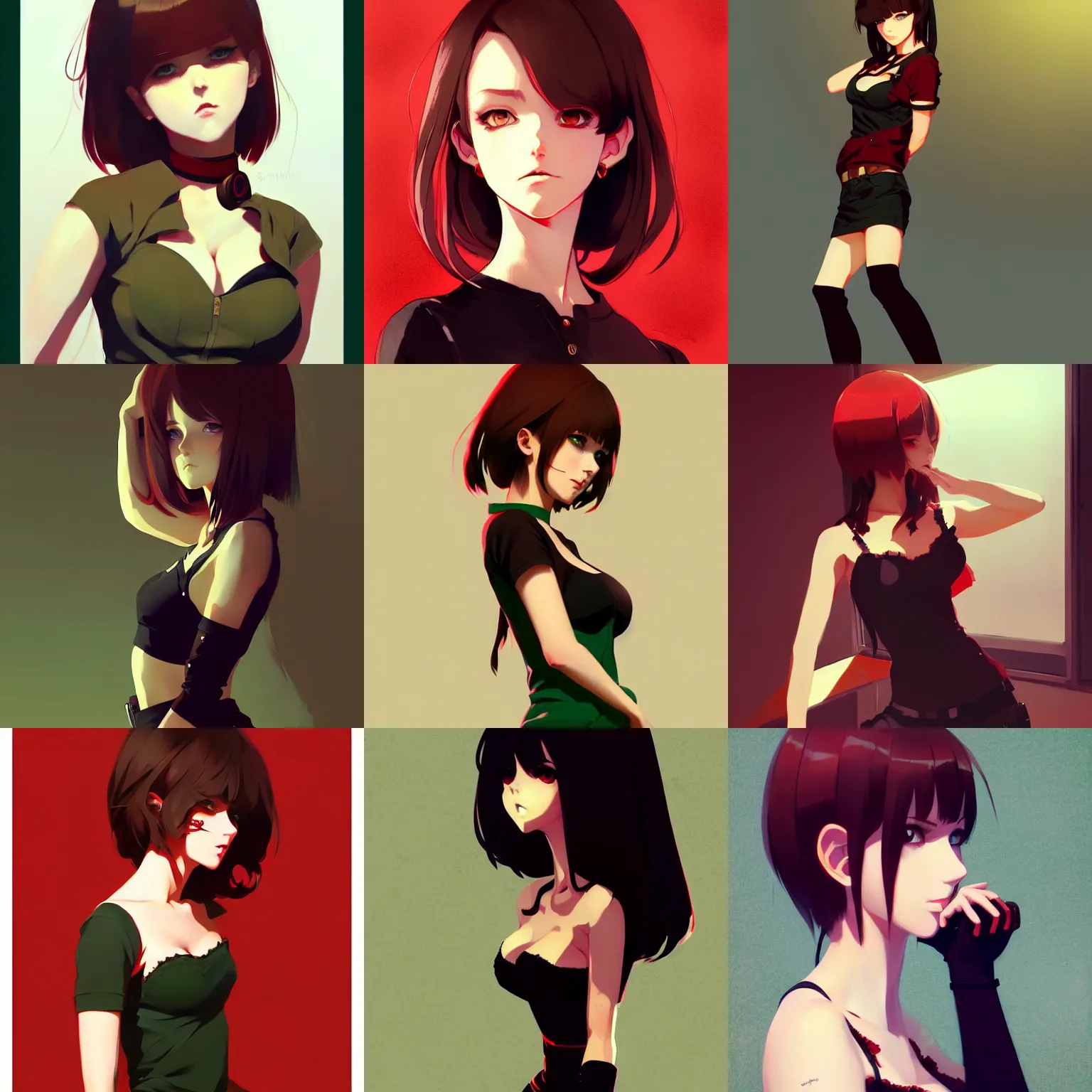 Prompt: gorgeous girl with brown hair and green eyes, wearing a camisole and boots, red and black color palette, in the style of and ilya kuvshinov and greg rutkowski, high quality anime artstyle, intricate