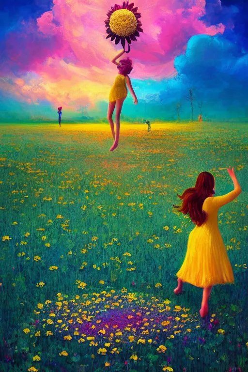 Image similar to giant daisy flower as head, girl dancing in a flower field, surreal photography, sunrise, dramatic light, impressionist painting, colorful clouds, digital painting, artstation, simon stalenhag, coherent