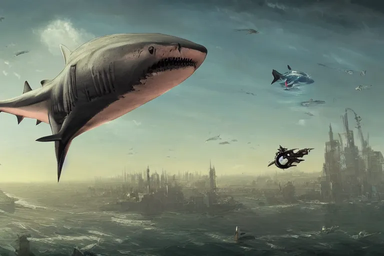 Image similar to a SHARK blimp, steampunk, digital art, extremely detailed, flying over a city, greg rutkowski, cinematic