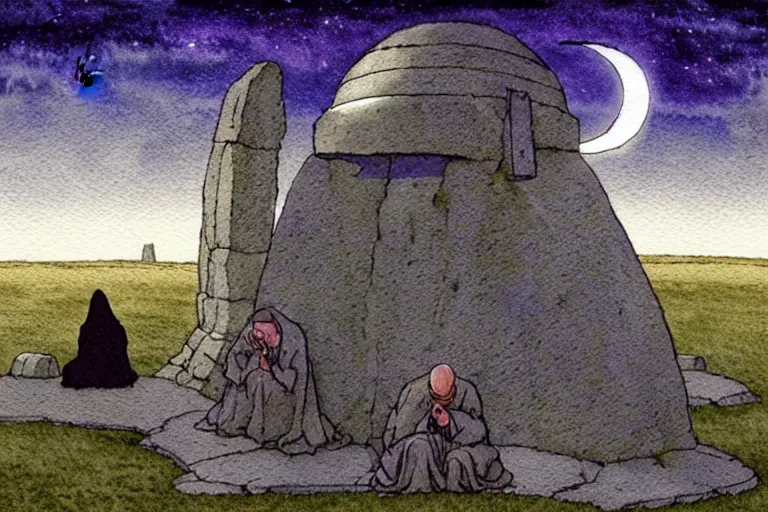 Image similar to a realistic and atmospheric watercolour fantasy concept art of a metallic ufo landing in a large stonehenge. medieval monk in grey robes on his knees praying. a crescent moon in the sky. muted colors. by rebecca guay, michael kaluta, charles vess and jean moebius giraud