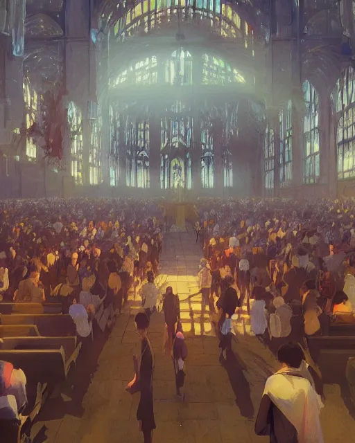 Prompt: craig mullins and ghibli digital illustration of a crowd in a futuristic church, very strong contrast, priest, pews, ethereal, inviting, bright, raking light from stained glass windows, unreal engine, hyper realism, realistic shading, cinematic composition, realistic render, octane render, detailed textures, photorealistic, wide shot