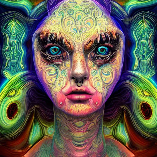 Prompt: An extremely psychedelic portrait of deep sea goddess, surreal, LSD, face, detailed, intricate, elegant, lithe, highly detailed, digital painting, artstation, concept art, smooth, sharp focus, illustration