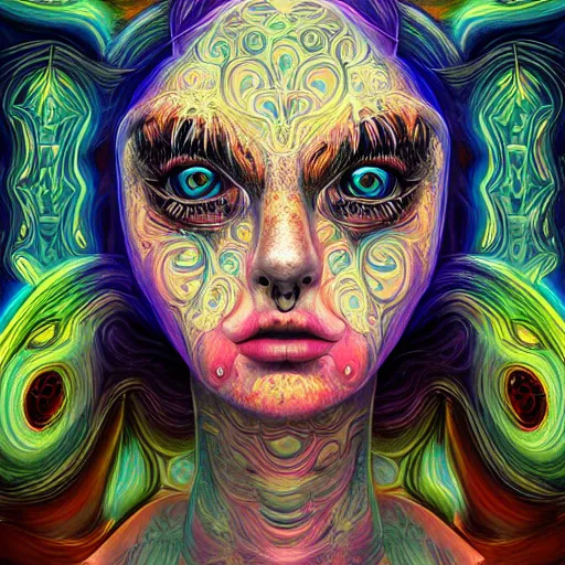 Image similar to An extremely psychedelic portrait of deep sea goddess, surreal, LSD, face, detailed, intricate, elegant, lithe, highly detailed, digital painting, artstation, concept art, smooth, sharp focus, illustration