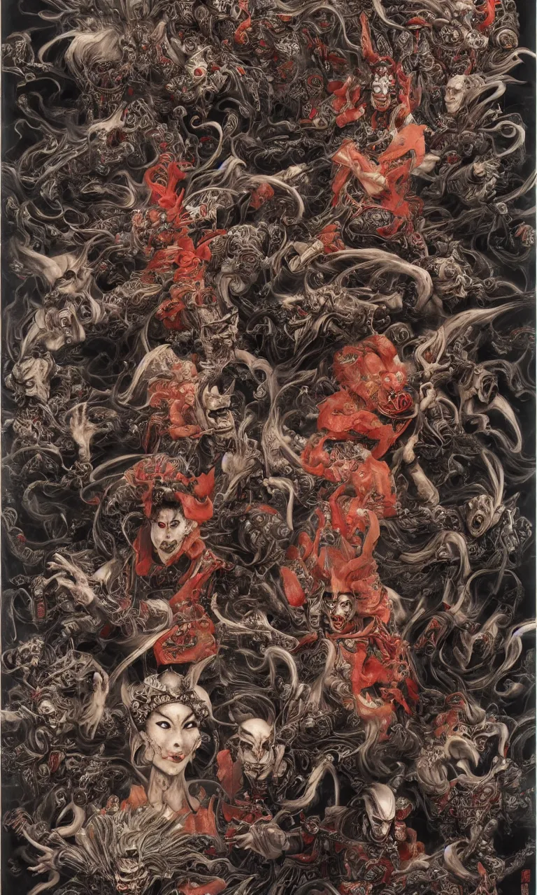 Image similar to 中 国 鬼 节, 阎 罗 王, tomb culture, asura from chinese myth, ghost, mecha, 山 海 经, zdzislaw, ayami kojima, yamamoto, barclay shaw, karol bak, hyperrealist, 8 k