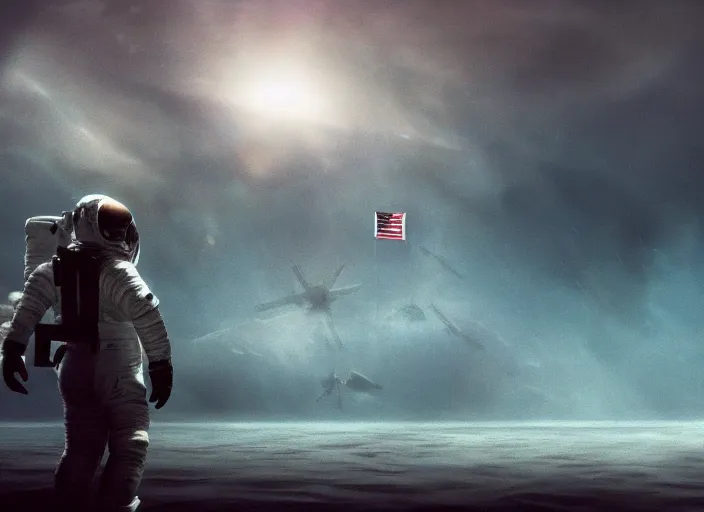 Image similar to astronaut holding a flag in an underwater desert. a submarine is visible in the distance. dark, concept art, cinematic, dramatic, atmospheric, 8 k, trending on artstation, blue, fish, low visibility, fog, ocean floor, christopher nolan, interstellar