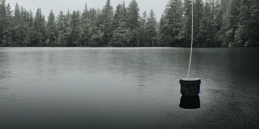 Image similar to centered photograph of a rope floating on the surface of the water, dark lake on a cloudy day, color film, trees in the background, hyper detailed photo, anamorphic lens