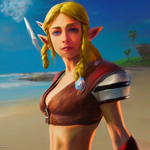 Prompt: a hyper real comic book style portait painting of zelda on the beach, unreal 5, hyperrealistic, octane render, cosplay, rpg portrait, dynamic lighting