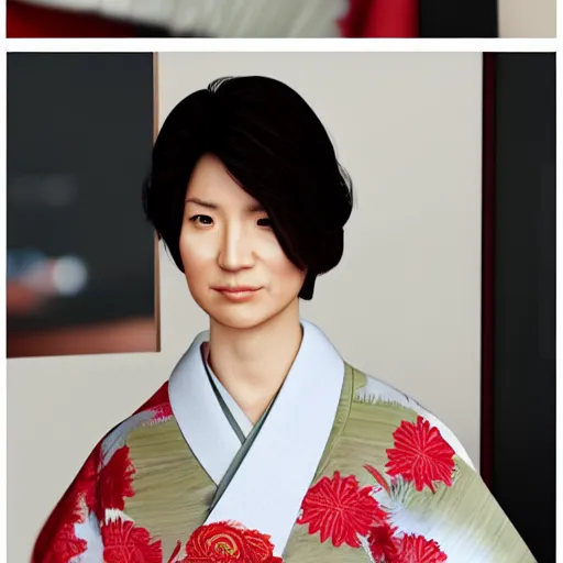 Image similar to Japanese female Justin Trudeau wearing kimono, realistic, photo studio, HDR, 8k, trending on artstation