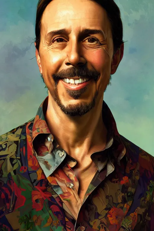 Image similar to Pablo Iglesias portrait, smiling, highly detailed, digital painting, artstation, sharp focus, illustration, with Hawaiian shirt, art by Greg Rutkowski, Norman Rockwell and Alphonse Mucha,