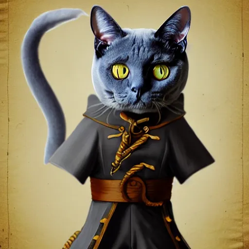 Image similar to gray burmese cat in pirate tricorn, artstation, fantasy