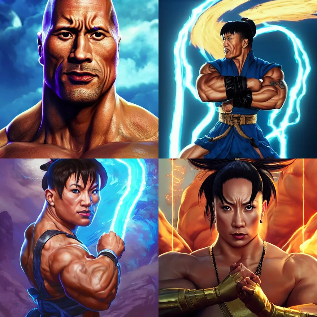 Prompt: dwayne johnson, chun li outfit, dwayne johnson posing like a street fighter, intricate, epic lighting, cinematic composition, hyper realistic, 8k resolution, unreal engine 5, by Artgerm, tooth wu, dan mumford, beeple, wlop, rossdraws, James Jean, Andrei Riabovitchev, Marc Simonetti, yoshitaka Amano, Artstation