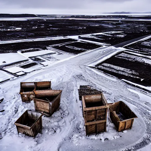 Image similar to abandoned mine and crates full of supplies buried in snow::2 snowy region on coast of Iceland, aerial drone perspective, top down view ::1 sattelite image of snow from 250 meters height, some coal boxes and barrels are covered in snow, old mine remains :: 1 post apocalyptic, snowstorm ::5