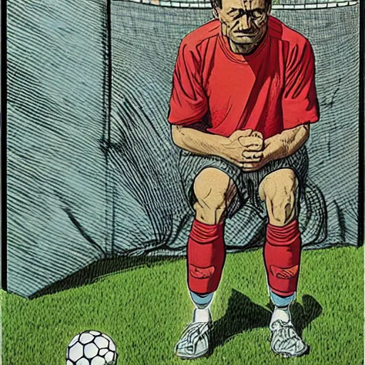 Image similar to a man on his knees crying, a soccer goal behind him, a soccer ball by his side. Epic portrait by james gurney and mœbius.