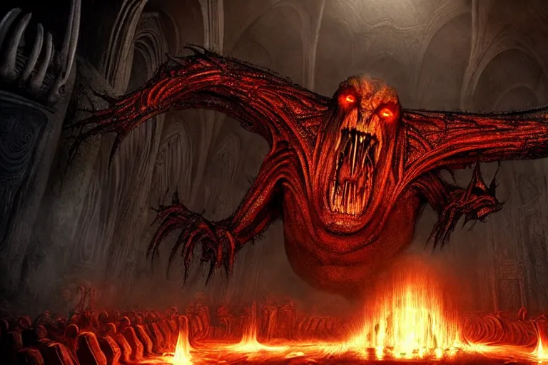 Image similar to balrog at the far end of a great hall in moria, style of h. r. giger, realistic movie still, cinematic, cgi,