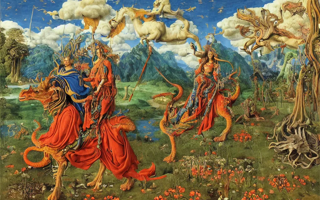 Prompt: a portrait photograph of a meditating shaman and a centaur monk riding a dragon and hunting at a river delta. surrounded by bulbous flowers and trees. mountain range under a blue sky of fiery stars. by jan van eyck, max ernst, ernst haeckel, ernst fuchs and artgerm, cgsociety, fashion editorial, 8 k