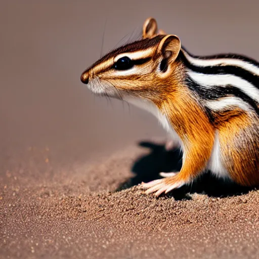 Prompt: macro photo of chipmunk playing with sand at the beach