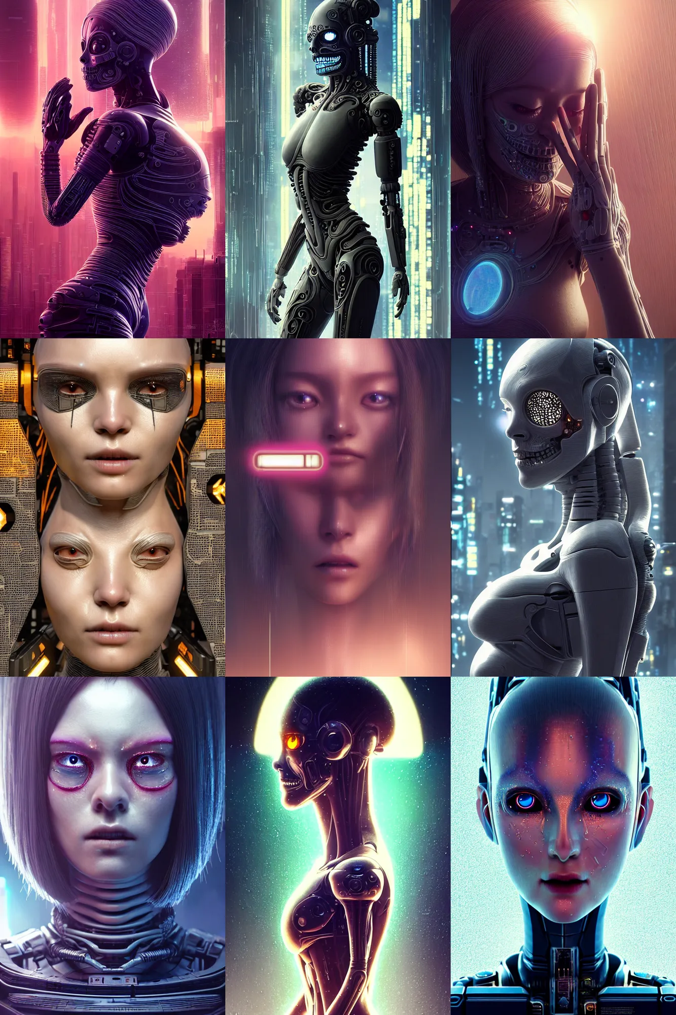 Prompt: ultra detailed, beautiful crying! female android!, intricate, photorealistic!, octane render, concept art, cinematic, interstellar, sharp, cyberpunk, bladerunner 2 0 4 7, 8 k, el dia los muertos, by angus mckie, moebius!, kuciara, stanley lau, ociacia, artgerm, rutkowski, mucha