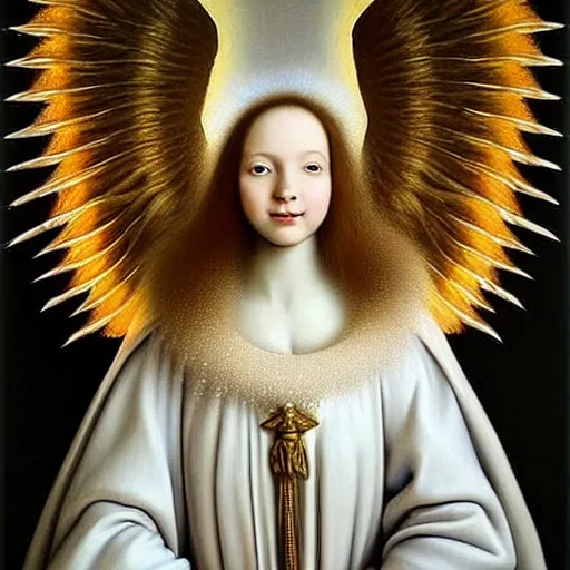 Image similar to highdetailed hyperrealistic painting of white angel!!! no gender!!!, giant ball of miracle light from the chest!!!!!, white sparkles everywhere, 4 k hd fur face!!!, big wings, by jan van eyck, holography space, glow effect, large strokes, white monochrome color!!!!!