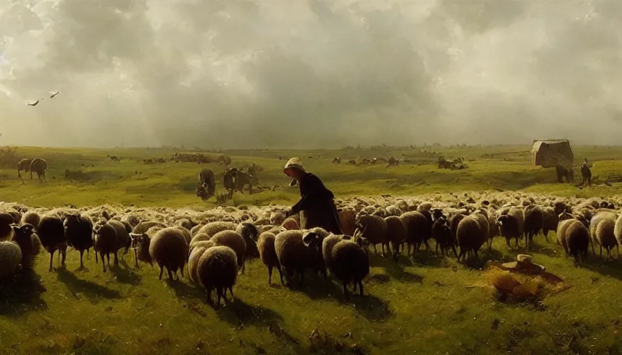 Image similar to simple amish shepherds with flocks of sheep in open fields, art by anders zorn, wonderful masterpiece by greg rutkowski, beautiful cinematic light, american romanticism thomas lawrence, greg rutkowski