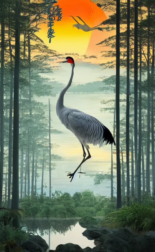 Image similar to a huge japanese crane bird is chilling above a lake in the middle of a forest of japanese pines, a big red sun in the background, front trading card, photorealistic, high details, trending on behance, 8k, stunning, volumetric, ray tracing