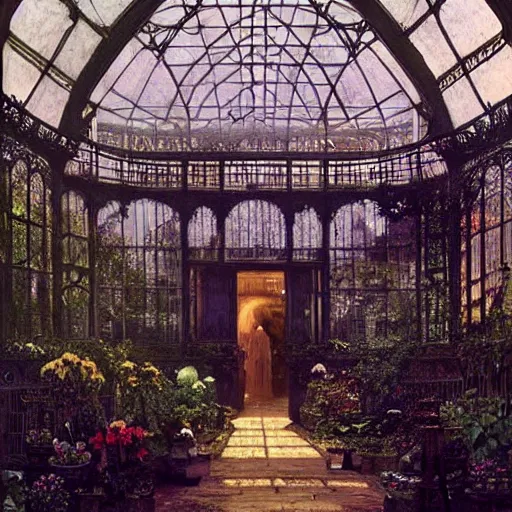 Image similar to a beautiful painting of an eerie hovering ghost inside a large overgrown victorian greenhouse with large windows, warm lights, evening, stunningly beautiful art nouveau architecture, by john atkinson grimshaw