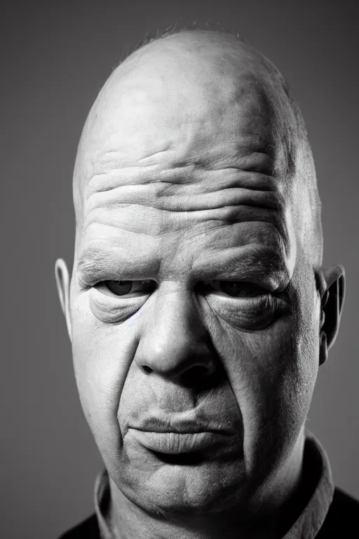 Image similar to studio portrait of man that looks excactly like homer simpson, lookalike, as if homer simpson came to life, soft light, black background, fine details, close - up, award winning photo by eric lafforgue