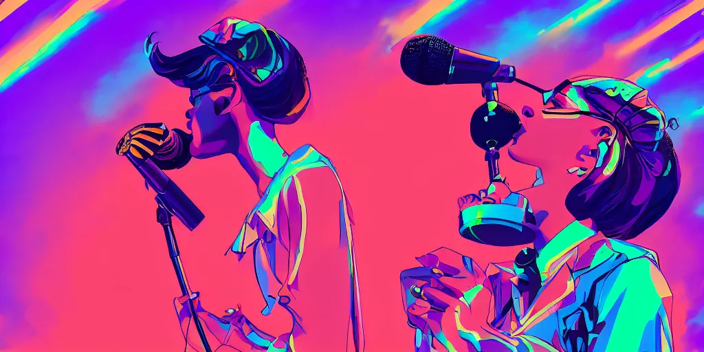 Image similar to lady rapper performing at huge festival holding microphone, epic angle, digital art, vaporwave, psychedelic, surreal, hip hop, trending on Artstation, professional artist, detailed, 4k