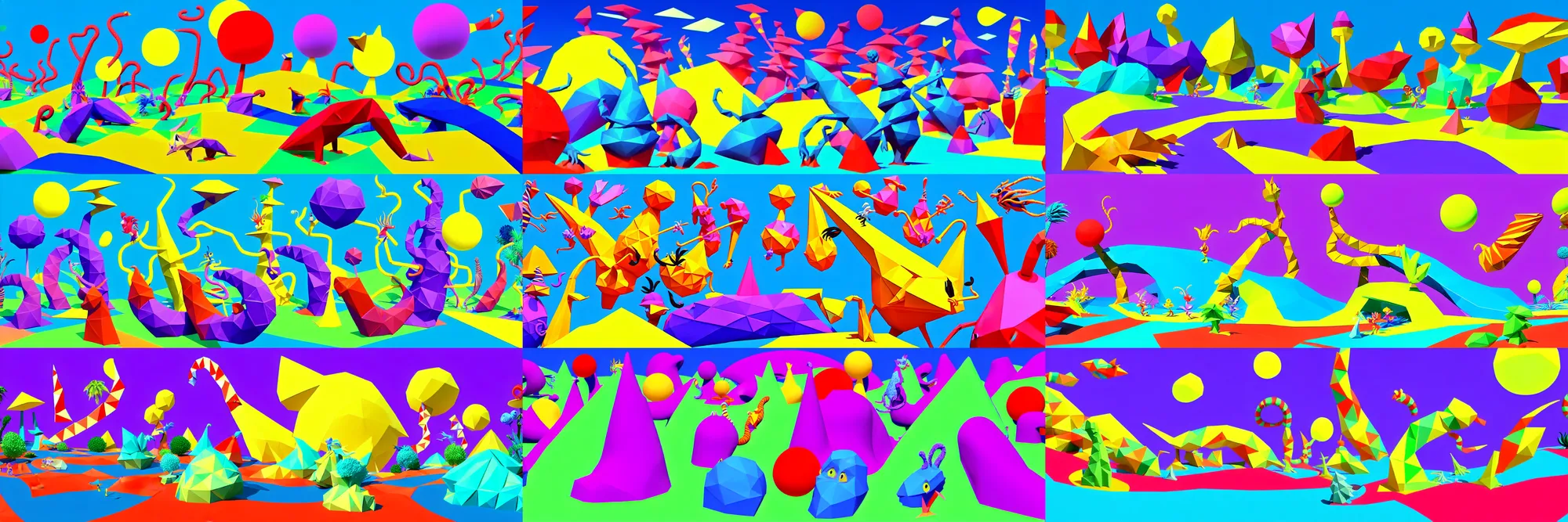 Prompt: an retro 90s low-poly 3D scene, depicting a hundred unique seussical creatures interacting with a high-contrast flowfield mural