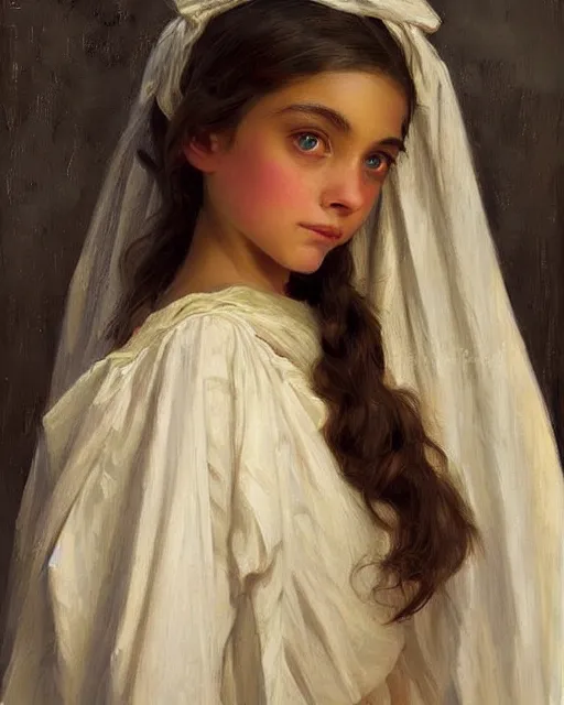 Image similar to a girl, face expressing a disbelief, oil on canvas, artstation, by j. c. leyendecker and edmund blair leighton and charlie bowater, beautiful face, octane, very aesthetic!!!!!!!!!!!!!!! stunning gorgeous big eyes