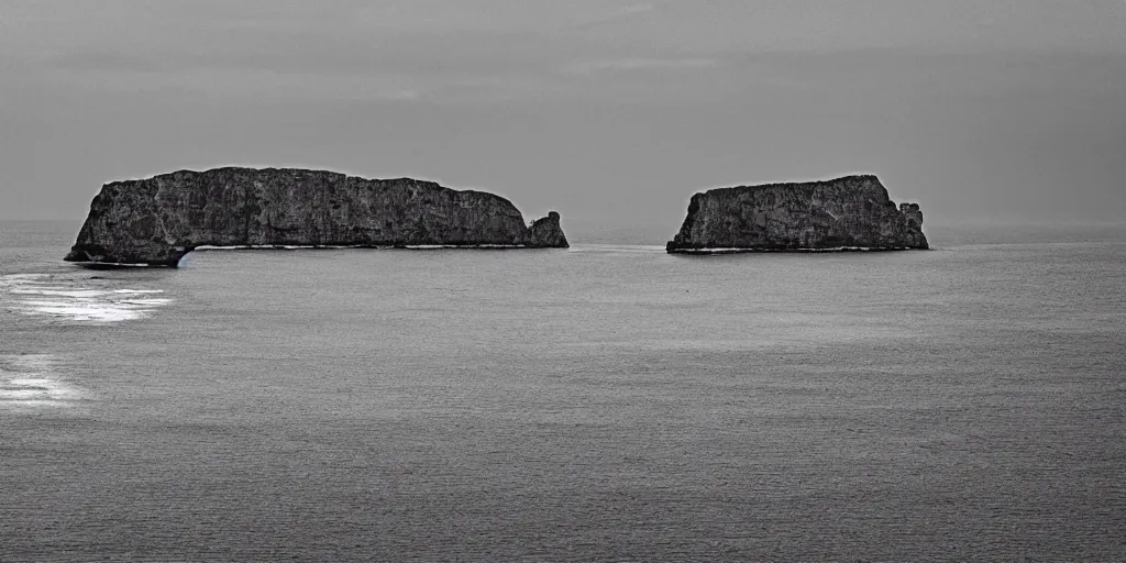 Image similar to black and white crystal cliffs surrounding an island, viewed from the ocean, high quality digital art,