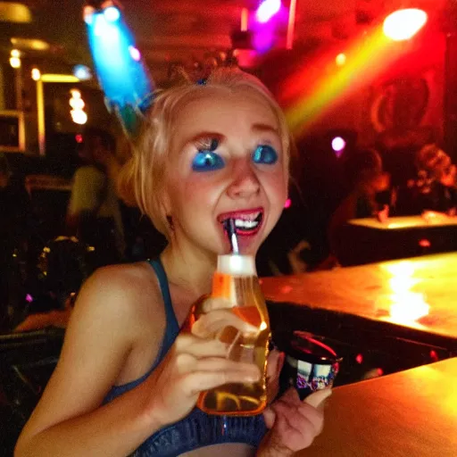 Prompt: tiny fairy drinking pbr at a dance club, big smile, portrait