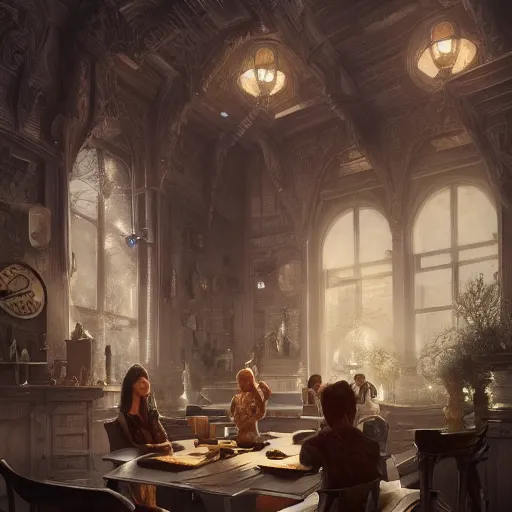 Prompt: family hanging out in brooklyn new york cafe, fantasy, intricate, elegant, highly detailed, digital painting, artstation, concept art, matte, sharp focus, illustration, art by aenaluck and roberto ferri and greg rutkowski, epic fantasy, digital painting