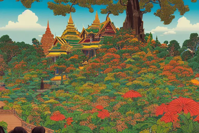 Image similar to summer afternoon, thai temple, rolling mountain, very coherent and colorful high contrast, art by gediminas pranckevicius, geof darrow, franz sedlacek, dark shadows, hard lighting, ukiyo - e, floralpuk risograph print, flowers garden