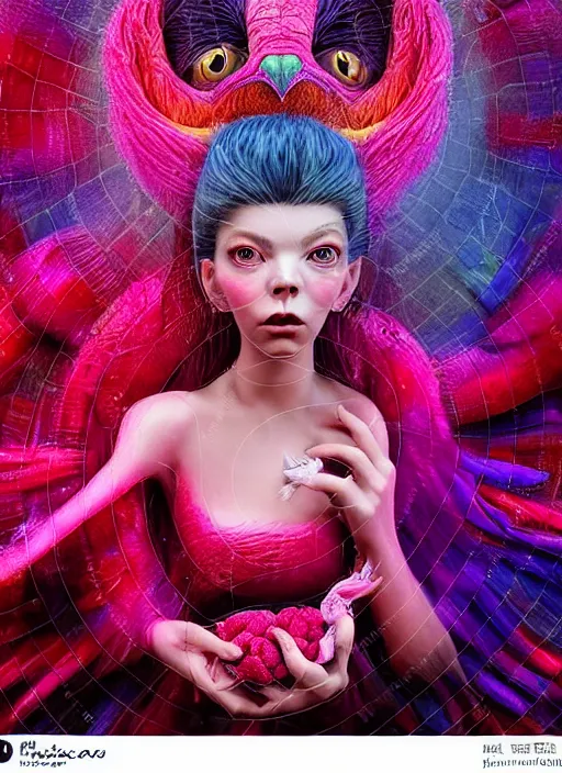 Image similar to hyper detailed 3d render like a Oil painting - kawaii portrait of two Aurora (a beautiful skeksis muppet fae princess protective playful expressive from dark crystal that looks like Anya Taylor-Joy) seen red carpet photoshoot in UVIVF posing in scaly dress to Eat of the Strangling network of yellowcake aerochrome and milky Fruit and His delicate Hands hold of gossamer polyp blossoms bring iridescent fungal flowers whose spores black the foolish stars by Jacek Yerka, Ilya Kuvshinov, Mariusz Lewandowski, Houdini algorithmic generative render, golen ratio, Abstract brush strokes, Masterpiece, Edward Hopper and James Gilleard, Zdzislaw Beksinski, Mark Ryden, Wolfgang Lettl, hints of Yayoi Kasuma and Dr. Seuss, octane render, 8k