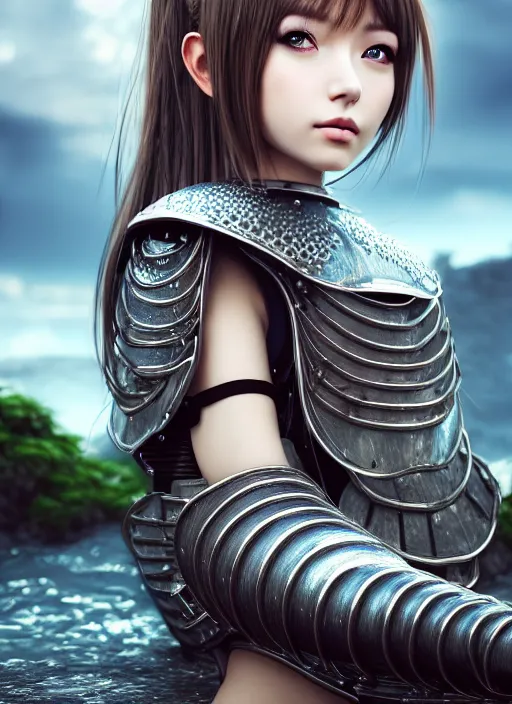 Prompt: a masterpiece hyperrealistic ultradetailed fullbody photograph of a lifelike real human anime girl in full steel plate armor, surrounded by waterfalls, gorgeous, vibrant hairs, rough skin pores texture, photoreal image, made by wlop, photoreal, overrendered, blender, unreal engine, extremely detailed, trending on artstation, sharp focus, 4 k