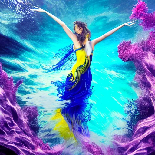 Image similar to masterpiece artwork of beautiful modern woman dancing underwater wearing a flowing dress made of blue, magenta, and yellow seaweed, delicate coral sea bottom, swirling silver fish, swirling smoke shapes, octane render, caustics lighting from above, cinematic, hyperdetailed