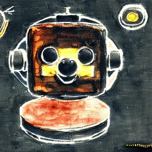 Prompt: a cute retro black pomeranian robot!!!!!! ( ( ( alcohol ink on parchment, muted colors, shading!!!, detailed, textured parchment background, 1 9 5 0 s concept art ) ) )