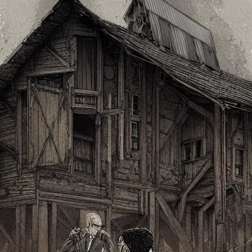 Image similar to two husbands leave each other inside broken wooden house, detailed intricate ink illustration, dark atmosphere, detailed illustration, hd, 4k, digital art, overdetailed art, concept art, by greg rutkowski, by loish, complementing colors, Trending on artstation, deviantart