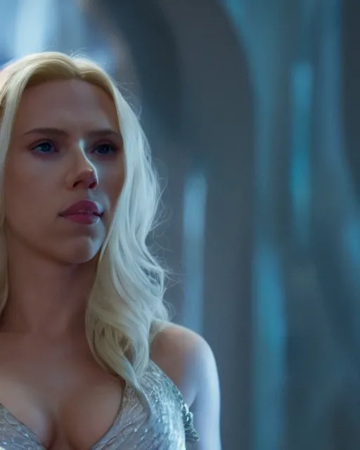 Prompt: scarlett johansson portraying a beautiful emma frost, beautiful scarlett johansson emma frost, movie, hyper realistic, hollywood promotional image, imax, 8 k
