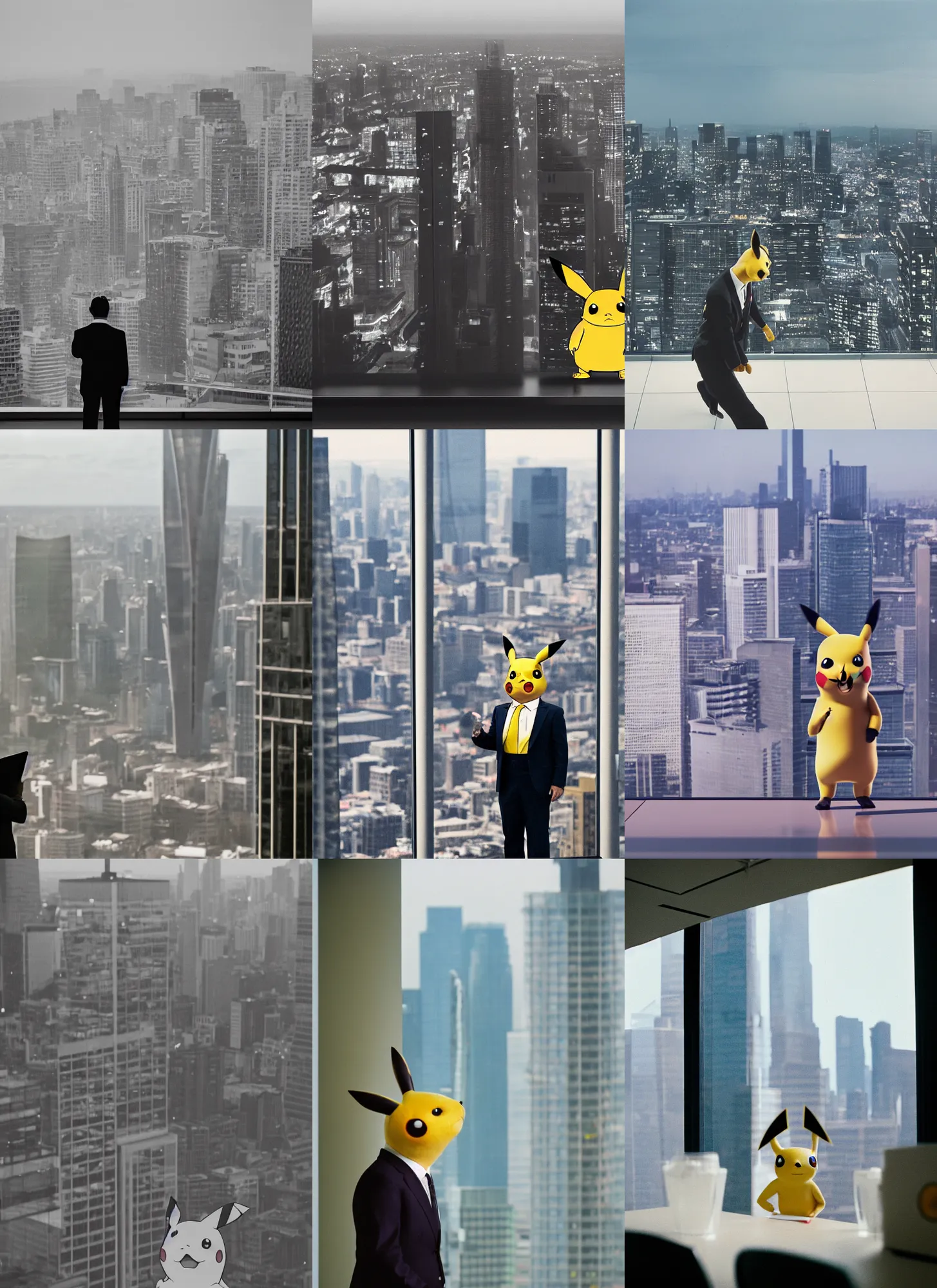 Prompt: medium format film photography of pikachu in a business suit at a meeting in a skyscraper office with a city view in the background, hasselblad film, soft light photographed on colour expired film