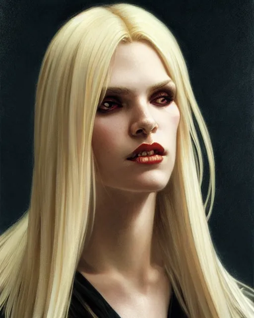 Image similar to portrait of a blonde vampire, dark, piercing eyes, gentle expression, elegant clothing, photorealistic, highly detailed, artstation, smooth, sharp focus, art by michael whelan, artgerm, greg rutkowski and alphonse mucha