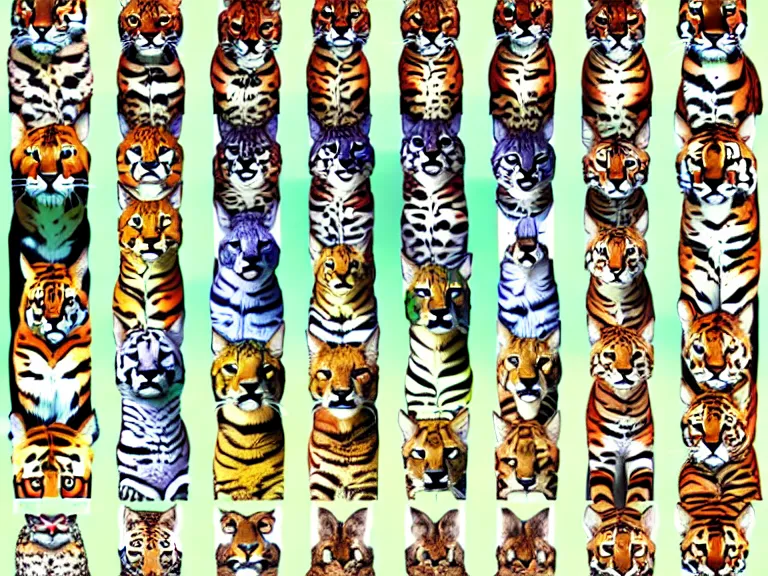 Prompt: multiple, side by side, epic card scans, portrait of different felidae including tiger, lynx, serval, cougar, ocelot, caracal, puma, leopard, panther, jaguar, highly detailed, digital art