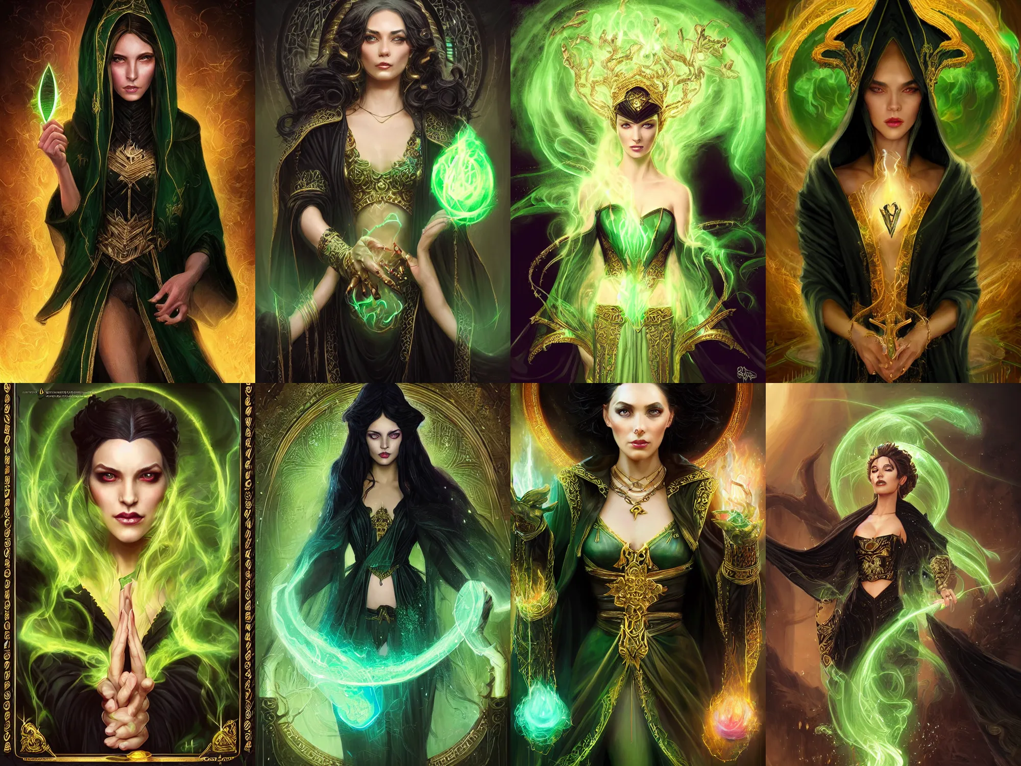 Prompt: a portrait of a beautiful sorceress wearing a black robe with gold embroidery, casting a spell, green glows, painted by artgerm and tom bagshaw, in the style of magic the gathering, highly detailed digital art