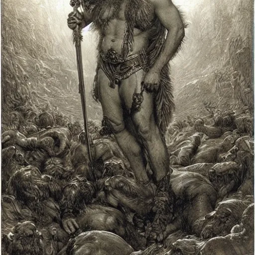 Prompt: hairy barbarian with moose head by gustave dore and donato giancola