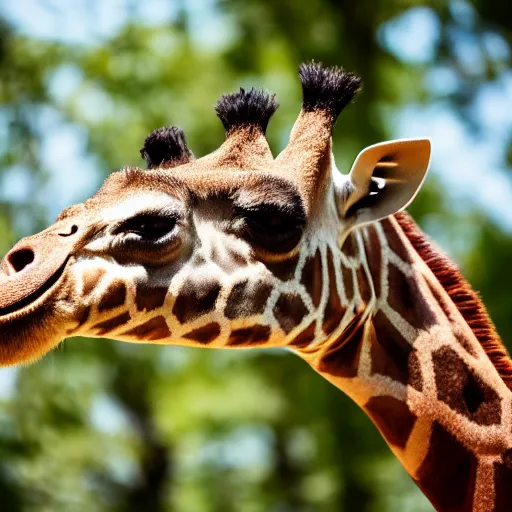 Prompt: A giraffe with the head of a sloth, Canon EOS R3, f/1.4, ISO 200, 1/160s, 8K, RAW, unedited, symmetrical balance, in-frame