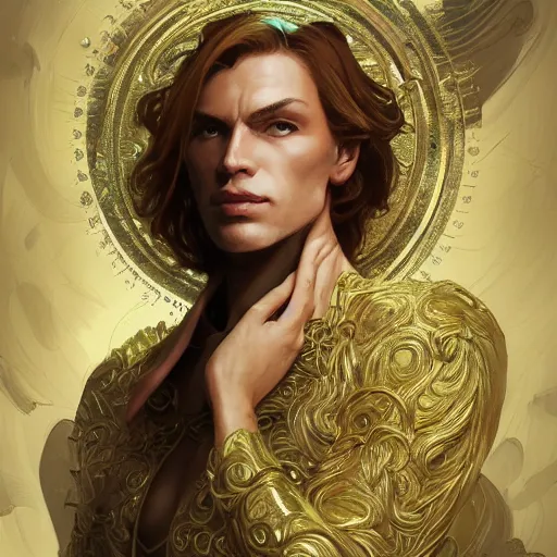 Image similar to Sandman with a gold suit, portrait, intricate, elegant, highly detailed, digital painting, artstation, concept art, smooth, sharp focus, illustration, art by artgerm and greg rutkowski and alphonse mucha